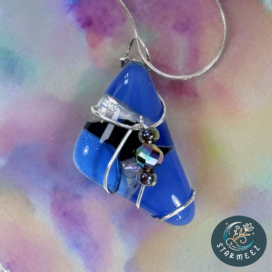 Celestial Cascade – One-of-a-Kind Fused Glass Wire-Wrapped Pendant with Austrian Crystals - StarMeez